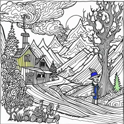 Outline art for coloring page with a cute mountain landscape white background, sketch style, only use outline, clean line art, white background, no shadows, clear outline reprezentand o imagine pe tema halucinatiilor provocate de droguri , cu culori primare tari, fantezie de înaltă definiție calitate clară, stiluri de Utagawa Hiroshige, Paul Klee Dee Nickerson și Tim Burton, acuarelă topită și contururi de cerneală neagră pe hârtie umedă, linii moi, umbrite