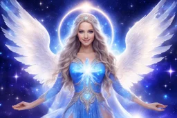 angel cosmic women with long hair, light eyes and blue brightness tunic, with a sweety smile, with big crystal wings, in a background of stars and bright beam in the sky