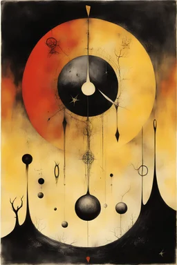 Spielmannsfluch, the runes didn't augur well, abstract surreal, by Joan Miro and Dave McKean and Stephen Gammell, mind-bending illustration; warm complimentary colors, album cover art,