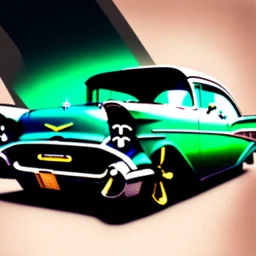 Detailed illustration of a [1957 Chevy], metallic body in [black], with subtle rust spots and faded paint details. The car is parked, chrome accents and custom wheels catching the light. The background shows [drag strip], with a [SKY GRADIENT COLORS]. The style is cinematic, bold, and vibrant, masterpiece digital painting with high detail and game-art inspired realism.