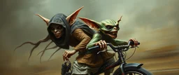 master oil painting by Rembrandt, scary ai sami gremlin woman loab on trike, motion blur background