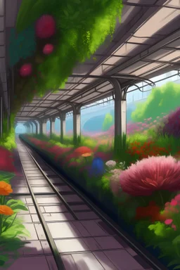 a bright subway with flowers and various beautiful vegetation