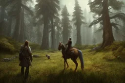 a lonely traveler wandering in a large pine forest with a horse, high fantasy, skyrim, dungeons and dragons,