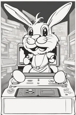 Lineart image of the easter bunny playing a video game console