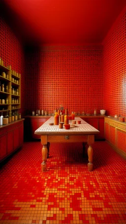 An orangish red laboratory with vials designed in ancient Roman mosaics painted by Henry Robert-Bresil