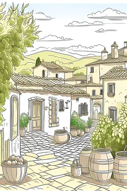imagine prompt coloring page for women, "Design an image showcasing a traditional Tuscan winery with vineyards, barrels, and rustic houses. Convey a warm and subdued winery atmosphere, bathed in sunlight" a white background 9:11, pgf