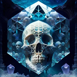 a surreal cathederal fragmented 3d in tiles floating/suspended out from the centre in the shape of a skull/head, cosmic nebulae ocean-art and pixels all mixed in: ethereal, opaque, glass, crystal structures, bubbles,