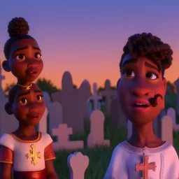 Young African deity at a cemetery near a cross and surrounded by almost unseen dead souls at an eerie night