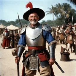 [high res photo by Gilligans Island] elder Don Quixote smiles, ready to fight with his tourney lance, in dust, rust and blood, his body is covered with cartridge belts