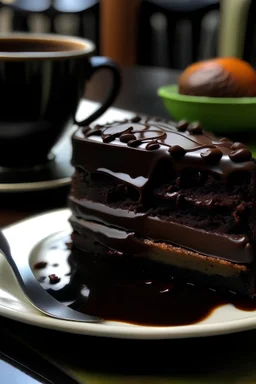 A picture of a chocolate cake with a side of coffee. The cake is rich and decadent, with layers of chocolate ganache and chocolate frosting. The coffee is hot and freshly brewed.