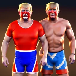 Realistic image of Donald trump wrestler, Mexican wrestling style, Mexican wrestling eyes mask, red and blue breeches, glow confederate flag dress, suspenders, retro style, 80s, vibrant color, highly detailed, sky background, concept art, unreal engine 5, god rays, ray tracing, RTX, lumen lighting, ultra detail, volumetric lighting, 3d, finely drawn, high definition, high resolution.