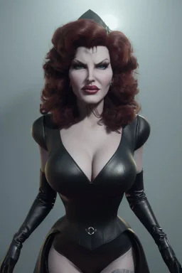 Rita Hayworth as evil queen in black leather, busty, cleavage, curvy, angry, stern look. character design by cory loftis, fenghua zhong, ryohei hase, ismail inceoglu and ruan jia. unreal engine 5, artistic lighting, highly detailed, photorealistic, fantasy