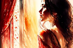 A beautiful brunette woman looks out from behind a red lace and silk curtain, holds the curtain with one hand and pulls it away in sunshine, watercolor and black ink outlines, sparkling golden glitter, ethereal, cinematic postprocessing, bokeh, dof