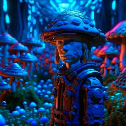 portrait of robotic hippie army officer inside glowing mushroom grove, 8k, down-light, soft light, depth of field, photo realism, trending on art station, high detail