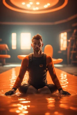 portrait of the darkest young yoga diver in an orange pool in fallout 4 setting, bokeh, downlight, prize winning, depth of field, in the style of ivo caprino, downlight, furry chair, backlight, aura