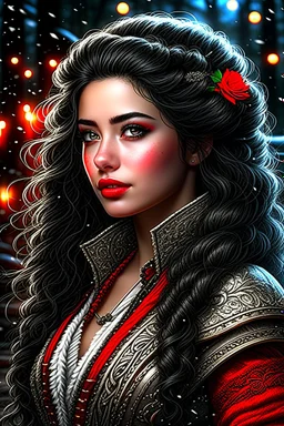 upper body, depth of field, photorealism, downlight, Magic camping site, beautiful, ornate dress uniform, casting spell water snow fly, black wavy hair, enchanted fantasy, cinematic composition, very detailed red machine components, one camera lens eye and shiny black hair, hazel green eyes, 24k, ornate, intricate, complex, digital painting, smooth, art by royo and tom bagshaw.