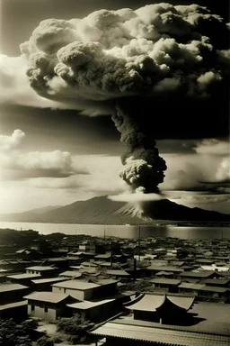 Develop an image showing the second atomic bomb exploding over Nagasaki. Highlight the immediate consequences and the realization that leads to Japan's eventual surrender. Capture the somber atmosphere of defeat