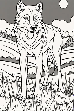 kids coloring page, wolf in a field, cartoon style, thick lines, very low detail, no shading