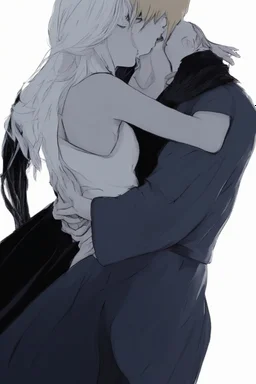 Couple from dnd passionate kissing, woman with white hair wearing a dress, man with long black hair tunic and red cloak.