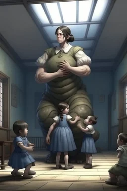 a giant woman protect 3 children, realistic style, interior of asylum
