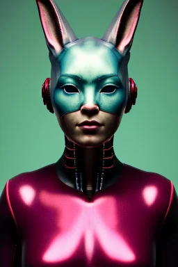 Medium Close Up Portrait, Front image. cyberpunk, rabbit mask, Asian woman, pink short hair. latex suit. Red, black, gold, color. Ghost in the shell style. Color background, photo studio. Avatar image, highly detailed, concept art, smooth, unreal engine 5, god rays, ray tracing, RTX, lumen lighting, ultra detail, volumetric lighting, 3d, finely drawn, high definition, high resolution.