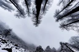 looking up at a mountain peak shrouded in mist camera angle from below