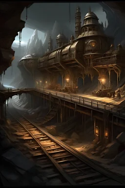 underground steampunk dwarven fortress with train tracks, large open dave with stalagmites