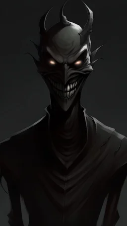 Realistic anime art style. A completely dark shadow humanoid figure with a wide sharp grin. No features apart from very basic aspects are seen