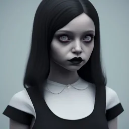 Jenna ortega black dress,soft goth libstick, wednesday addams family make up, brad double wig, addams family style, highly detailed, volumetric lighting, unreal engine, 8k