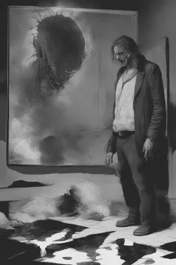 a man looking into a shattered mirror and seeing a horrifyingly smeared and deranged monster in his reflection