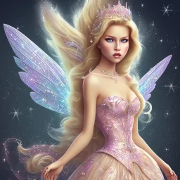 blond beautiful princess fairy with sparkle dress with pink castle background