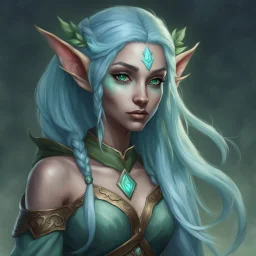 druid lunar elf dnd female light blue skin green hair