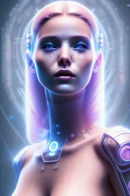 cyberpunk, head, women, portrai, tron sketch of a girl on lined paperA beautiful one nude body of a make up smiling woman blond long hair, alone, high key lighting, volumetric light high details with white stripes and blue eye, smiling with plump pink lips, flowers around, unreal engine petit prince belle fine, profil de trois quart, grand front cosmique, peau bleu cristalline, yeux bleu, perle sur le front long cheveux blond et rose etoilé, cristaux sur le corps, collier de grande princesse, l