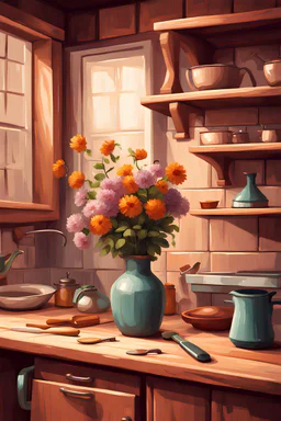 vintage wooden kitchen, flowers in vase and kitchen tools, digital illustration, digital painting, oil painting, concept art, cartoon artwork