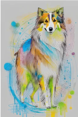Abstract wet watercolour of a rough collie, ink lines, interlinked circles,detailed
