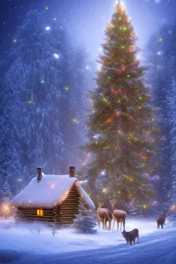 Huge lonely Christmas tree full of lights in a dark snowy forest, warm glow, multiple deer walking by, small cabin beside