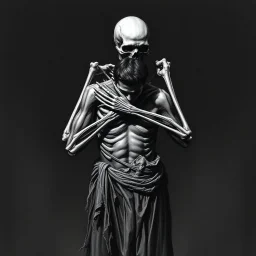 The image is a dark, haunting, monochromatic artwork that portrays a skeletal figure embracing or overpowering a human-like strong male figure. The skeletal entity looms from behind, its bony arms wrapped around the human, who appears to be partially draped in tattered cloth and in a state of despair or submission. ...