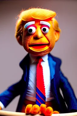 a Film Photograph of an orange Donald Trump Muppet made of felt and fur wearing a dark blue suit and red tie, he is angry and old