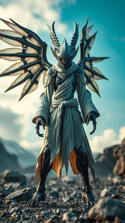 A centering dynamic view action showcasing the fusion of figma and Neumorphic elements, depicting a fully fantasy of an alien with wings Its intricate mechanisms are driven by interlocking robes and complex fabrics casual outfit embedded throughout its massive figma frame. Stance on black mechtech battlefields abandone Dojo. And the face is big and looking to the camera