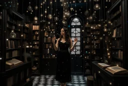 full-height shot of a woman in a tight black dress, holding up small glowing symbols, inside a magic book shop