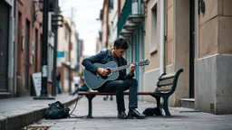background is random street. side view. random view angle. random street guitarist random the guitar player is sitting on a bench.
