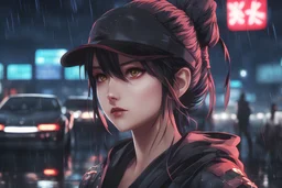 tsukuyo in 8k anime artstyle, ninja them, normal eyes, close picture, neon effect, rain, apocalypse, intricate details, highly detailed, high details, detailed portrait, masterpiece,ultra detailed, ultra quality