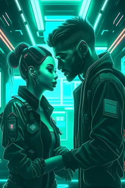 Science fiction, cyberpunk, couple girl and guy, love at first sight