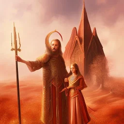 upper bodies of priest & priestess in dream state, church half burried in red sand, deadpan, fantasy art, sharp sunlight, spring