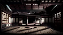 stage in a opera style monastery house for meditation, black - kakao shade effects color