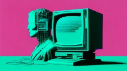 synth-wave, man no head, with monitor as head, iconic:1.8),