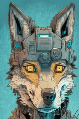Robotic wolf looking at the camera, comic style