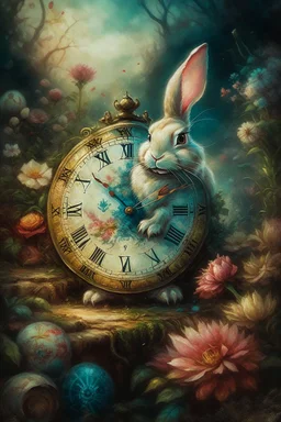 The fairy tale "Alice in Wonderland", a rabbit with a clock hurries among the bushes of vintage roses Oil on silk, work of art, hyperdetalization, professionally, filigree, misty haze,surrealism, transparent, delicate pastel tones, backlight, grunge style, three-dimensional watercolor, aesthetically pleasing, beautiful, realistic, high resolution, high detail, ISO 100 photosensitivity and aperture f/2.8, 1/250 with a 30 mm lens, 32 KB