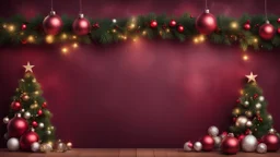 Hyper Realistic Christmas Background For YouTube Lyrical On Maroon Grunge Wall, With Garland Lights And Christmas Decorations.