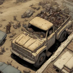 pickup truck, birds eye view, top view, illustration, aged, comic book, post-apocalyspe,